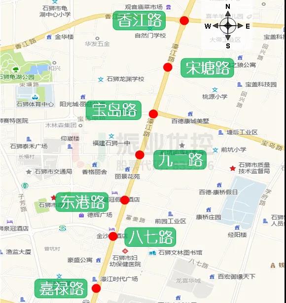 圖1 濠江路協(xié)調路段各路口地理位置圖(平峰時段)(單位:s)