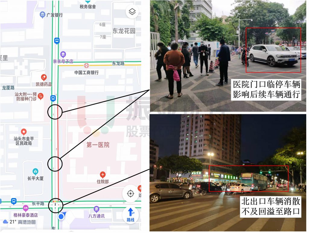 圖17 醫(yī)院門(mén)口臨停車(chē)輛影響后續(xù)車(chē)輛通行