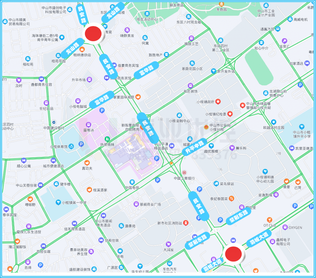 圖1 民安路-龍山路、民安路-菊城大道點(diǎn)位圖